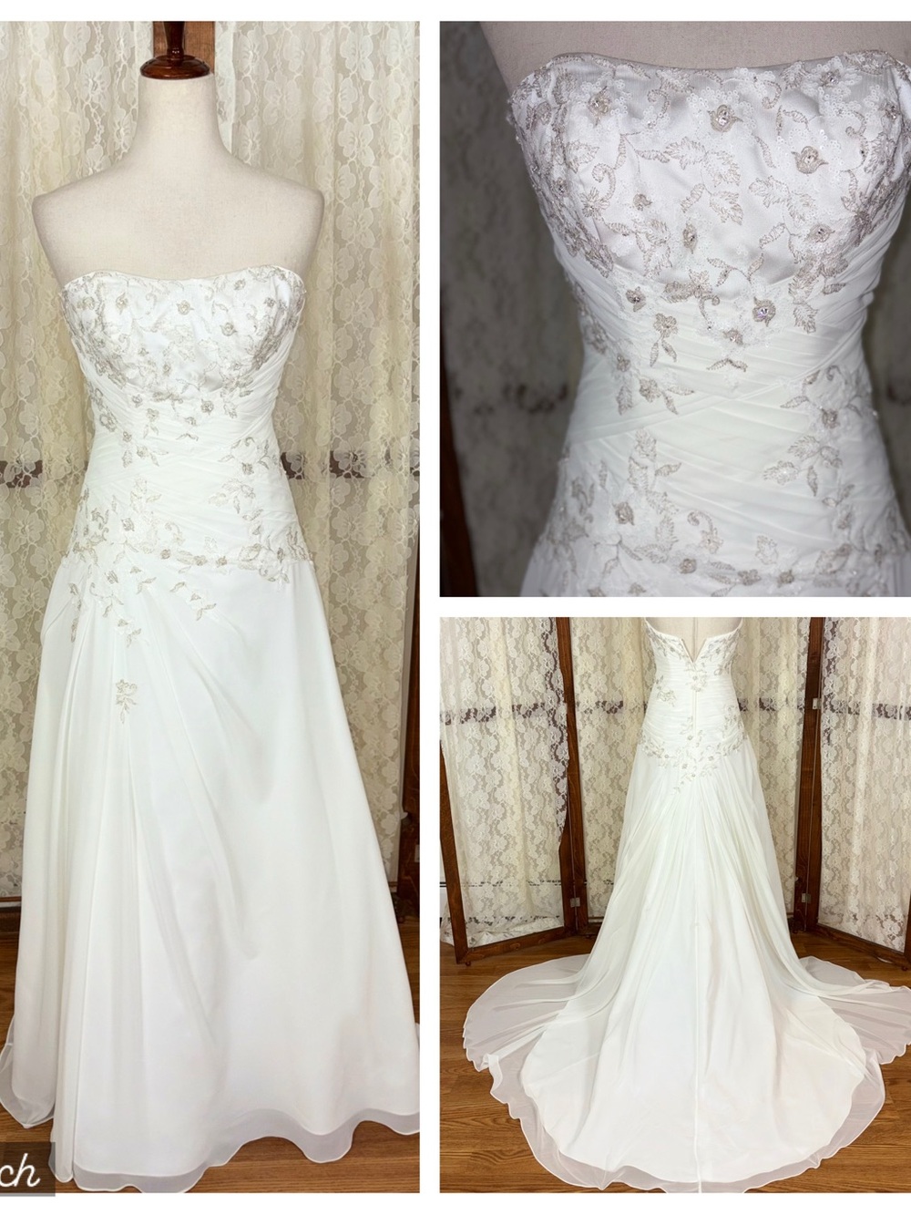 Beautiful David’s Bridal Strapless Chiffon Wedding Gown